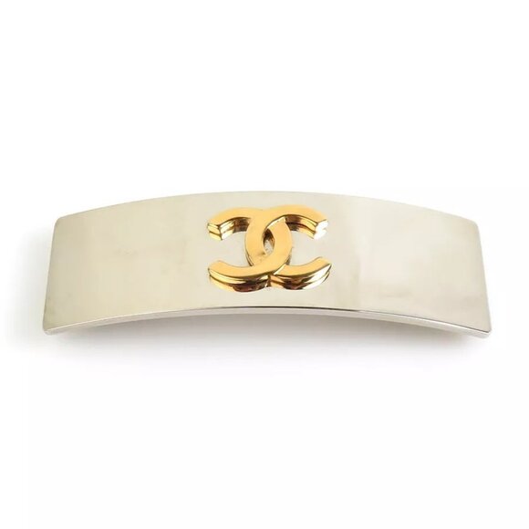 Auth CHANEL CC Logo Barrette Hair Clip Silver/Gold Meta - Picture 1 of 16